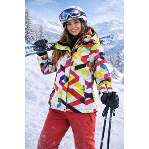Gsou Snow Ski Jacket Women Sz M Multi-color Geometric Print Snowboard Insulated